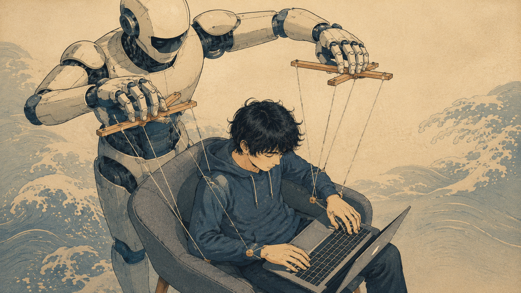 Abstract minimal illustration of a learner working alongside AI guidance rather than copying answers